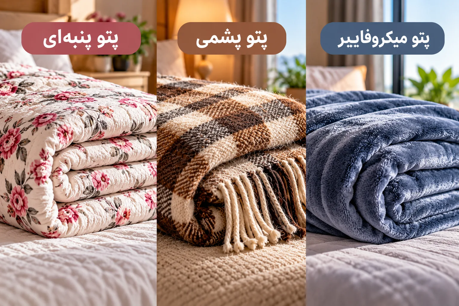 مقایسه تصویری پتو پنبهای، پتو پشمی و پتو میکروفایبر با بافتها و ظاهر متفاوت
