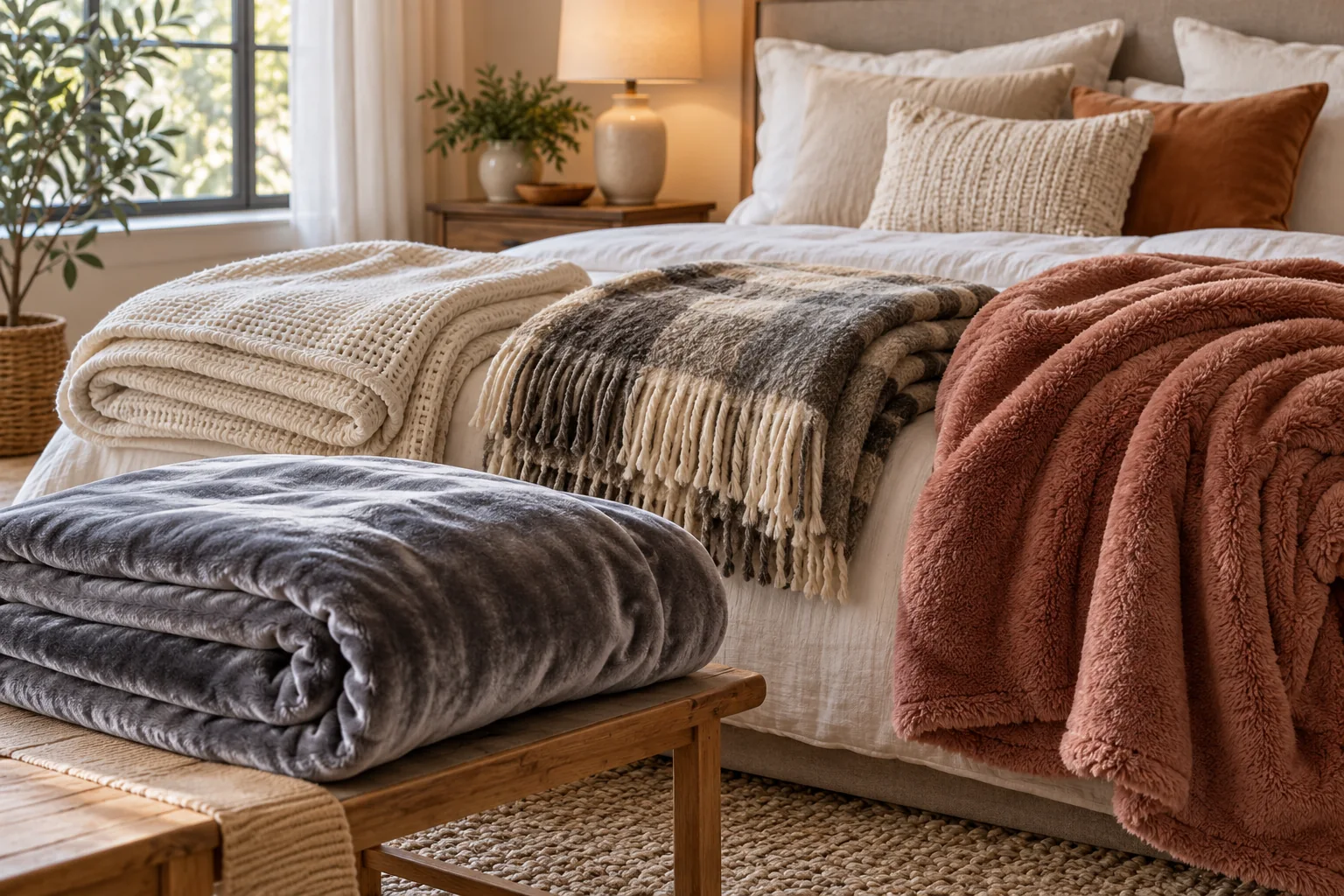 نمایی از پتوهای مختلف با بافتهای نرم، پرزدار و بافتنی در رنگهای متنوع