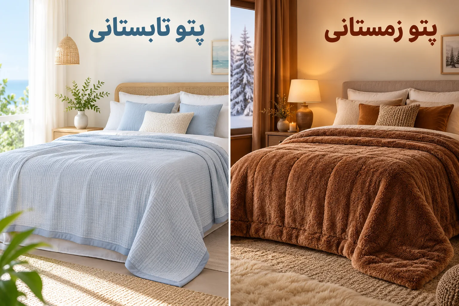 مقایسه پتو تابستانی سبک و نازک با پتو زمستانی ضخیم و گرم روی تخت خواب