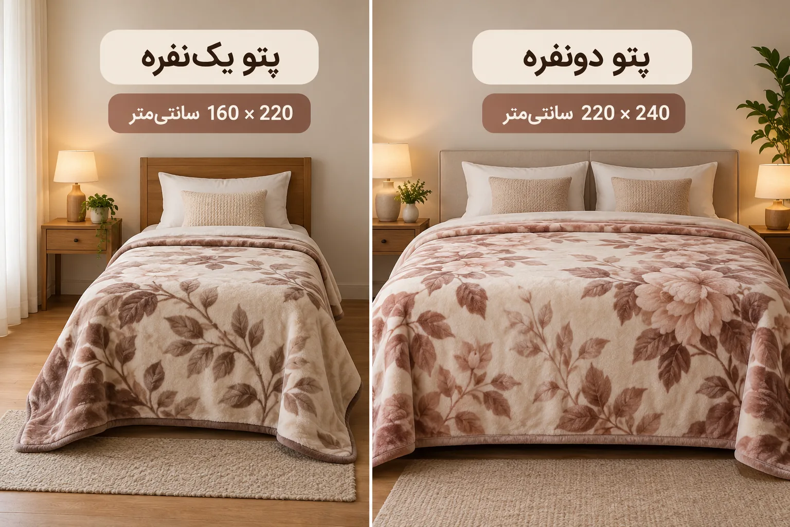 مقایسه اندازه پتو یکنفره ۱۶۰×۲۲۰ و پتو دونفره ۲۲۰×۲۴۰ سانتیمتر روی تخت خواب